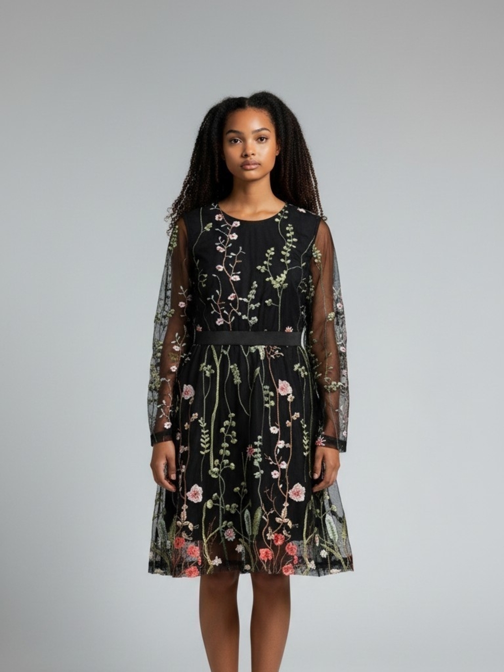Floral Embroidered Black Mesh Dress